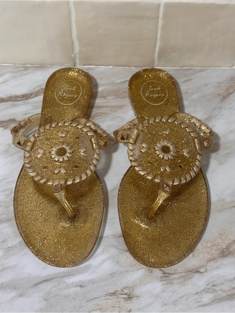 Jack Rogers Gold Glitter Flip Flops - size 9